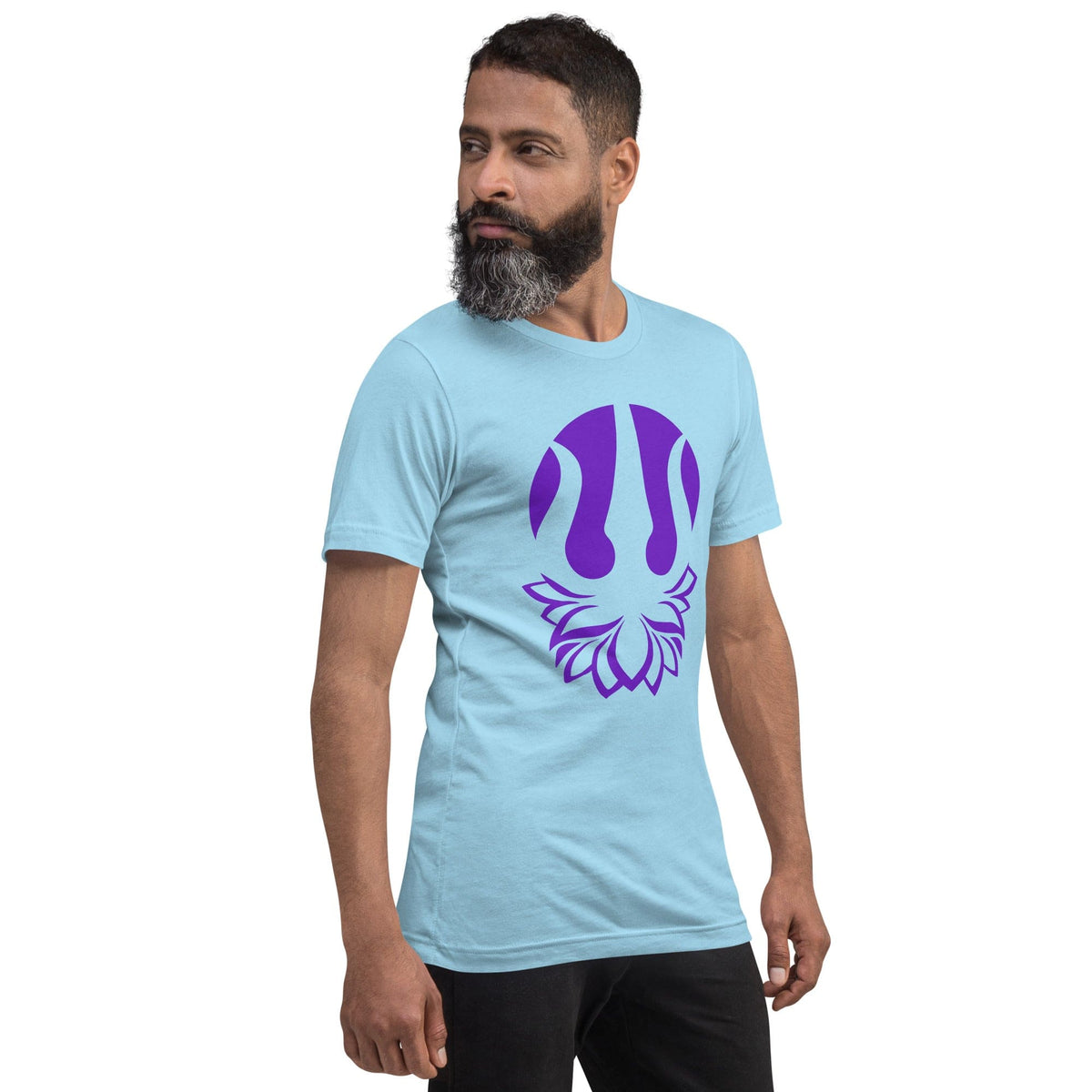 Ocean blue yoga t-shirt with purple trident lotus graphic on chest