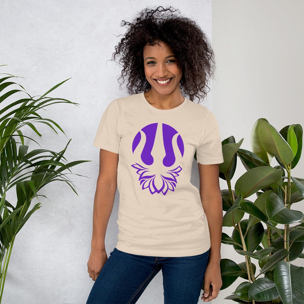 Soft cream yoga t-shirt with purple trident lotus graphic on chest