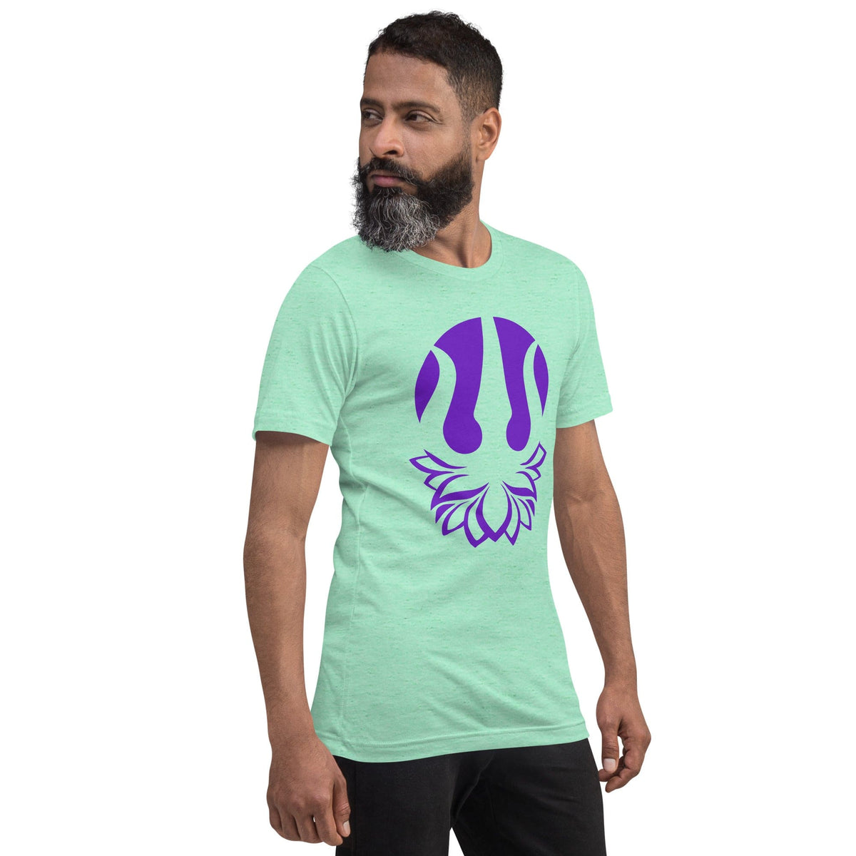 Mint green yoga t-shirt with purple trident lotus graphic on chest