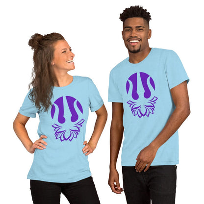 Ocean blue yoga t-shirt with purple trident lotus graphic on chest