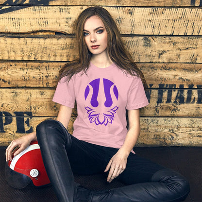 Pink yoga t-shirt with purple trident lotus graphic on chest