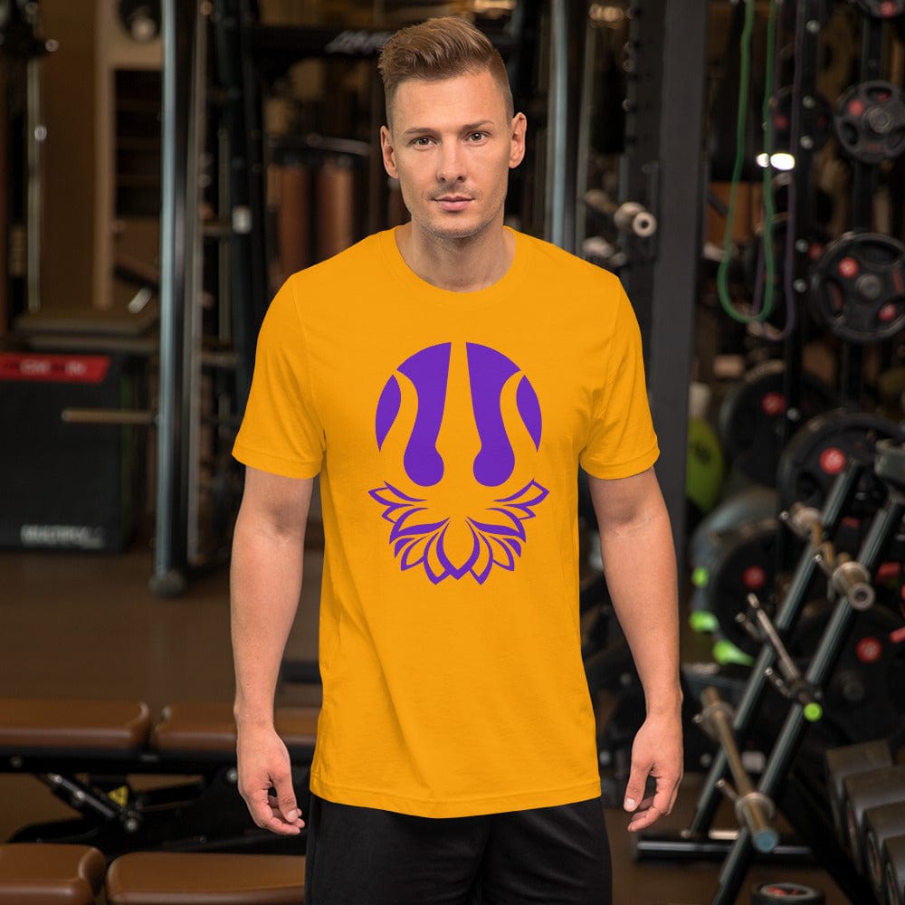 Gold yoga t-shirt with purple trident lotus graphic on chest