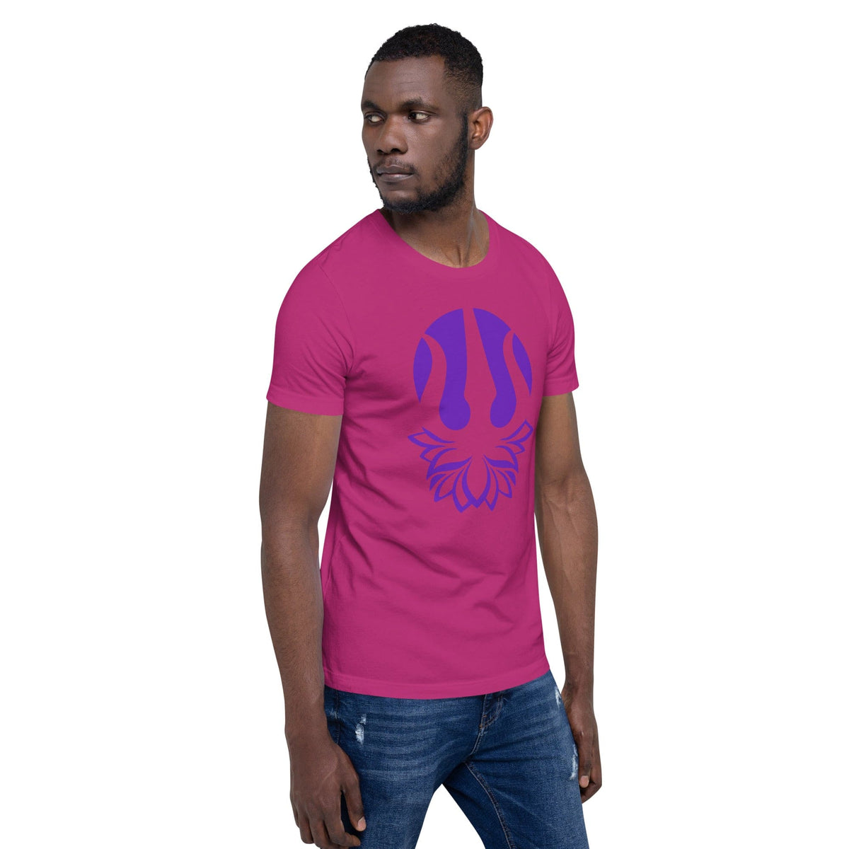 Berry pink yoga t-shirt with purple trident lotus graphic on chest