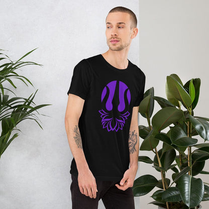 Black yoga t-shirt with purple trident lotus graphic on chest