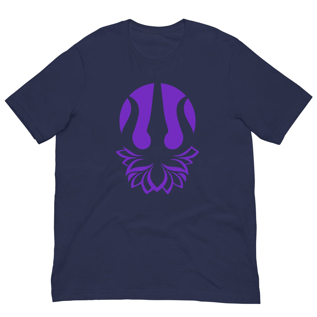 Yoga T-shirt in navy with purple trident emblem on front, crew neck.