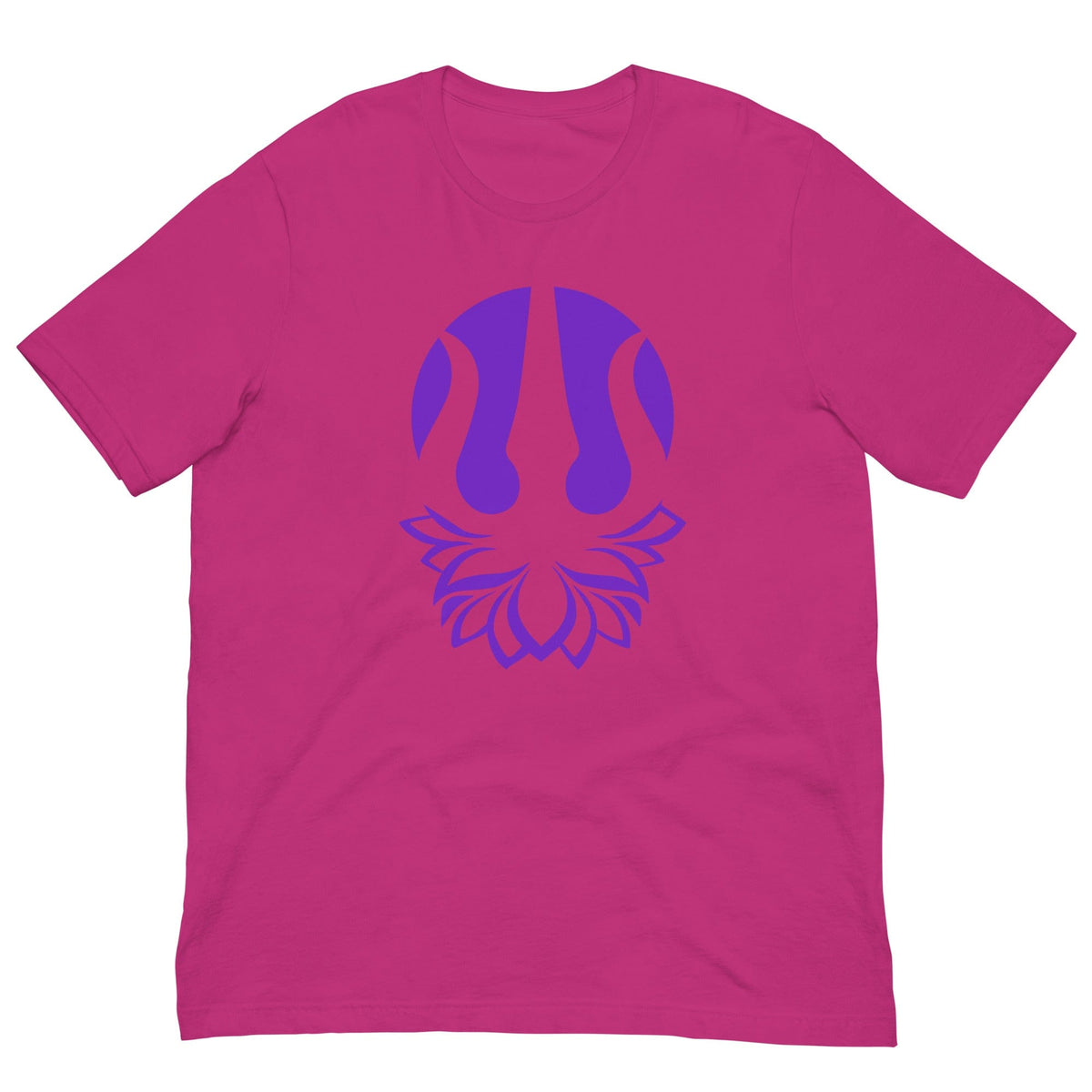 Yoga T-shirt in berry pink with purple trident emblem on front, crew neck.