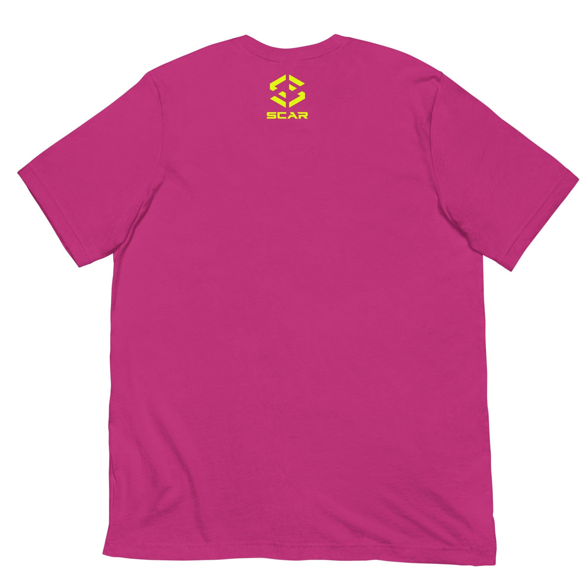 Yoga T-shirt in berry pink with small SCAR logo on upper back, crew neck.