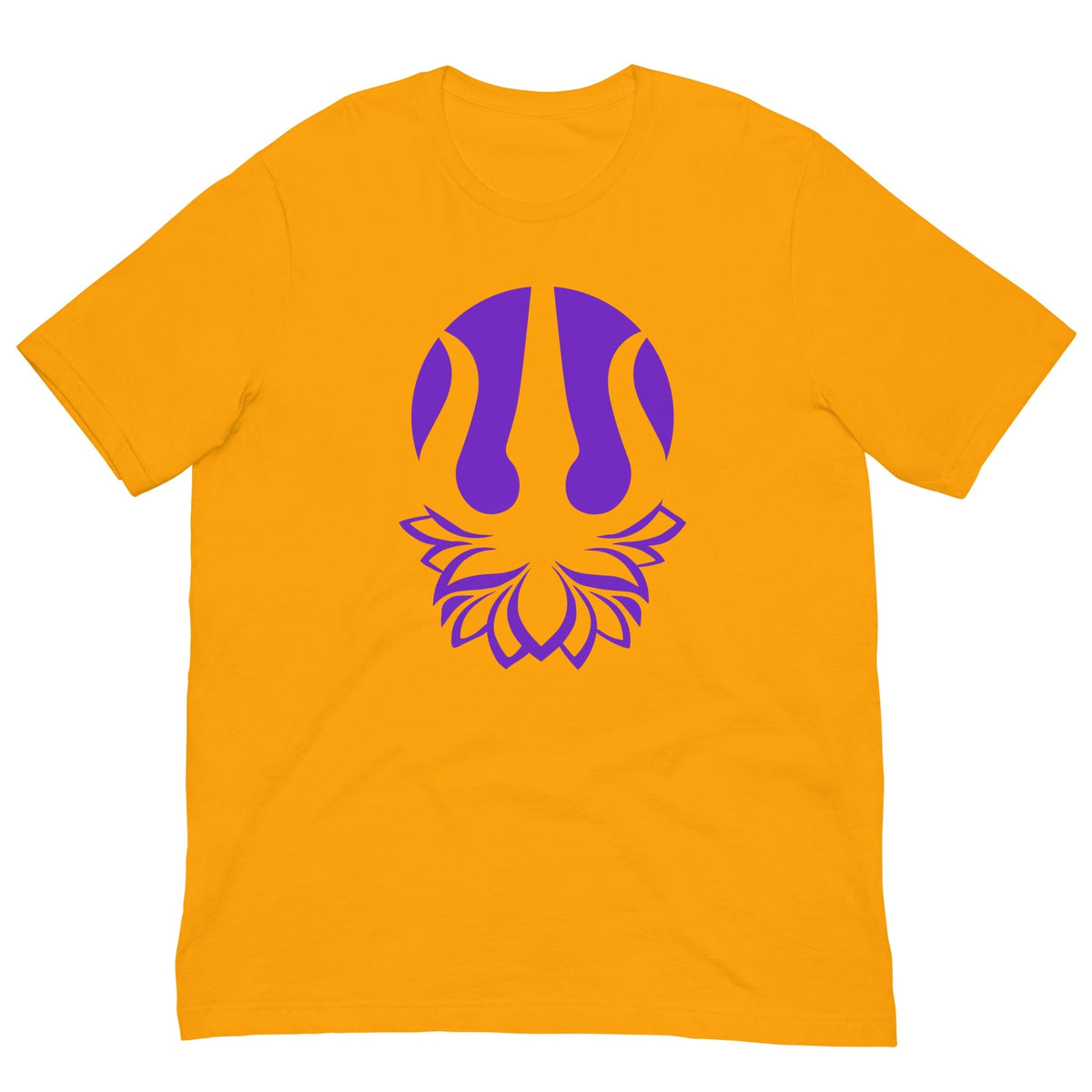 Yoga T-shirt in orange with purple trident emblem on front, crew neck.