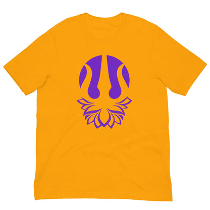 Yoga T-shirt in orange with purple trident emblem on front, crew neck.