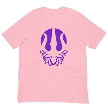 Yoga T-shirt in light pink with purple trident emblem on front, crew neck.