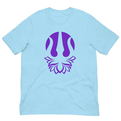 Yoga T-shirt in light blue with purple trident emblem on front, crew neck.