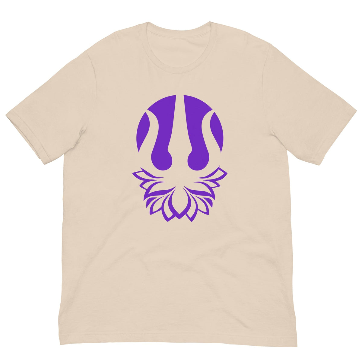 Yoga T-shirt in soft cream with purple trident emblem on front, crew neck.