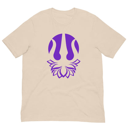 Yoga T-shirt in soft cream with purple trident emblem on front, crew neck.