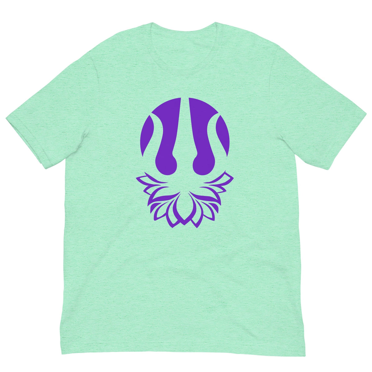 Yoga T-shirt in mint green with purple trident emblem on front, crew neck.
