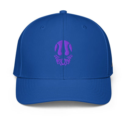 Bright blue performance cap with purple lotus trident emblem on front panel.