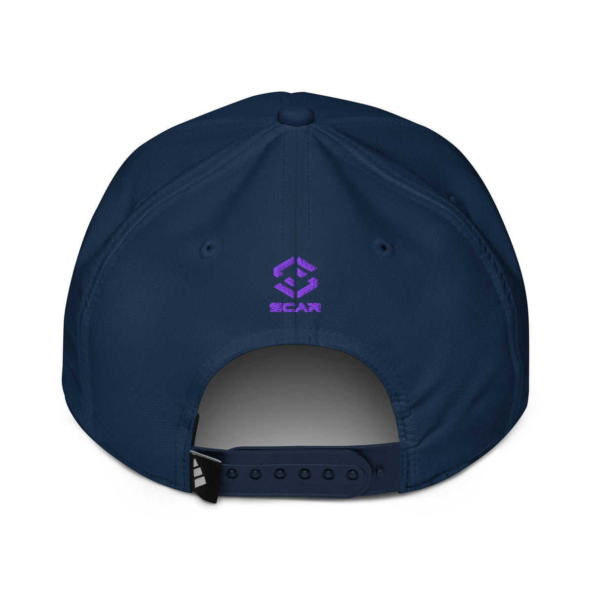 Dark navy performance cap with purple lotus trident embroidery, back strap visible.