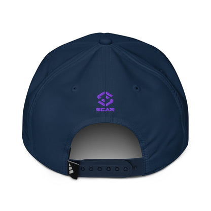 Dark navy performance cap with purple lotus trident embroidery, back strap visible.