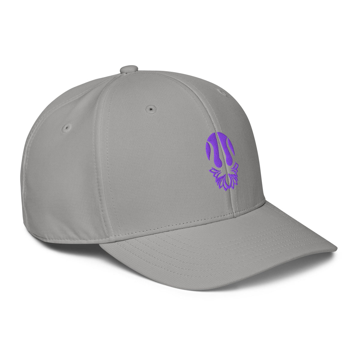 Light grey performance cap with purple trident lotus emblem on side