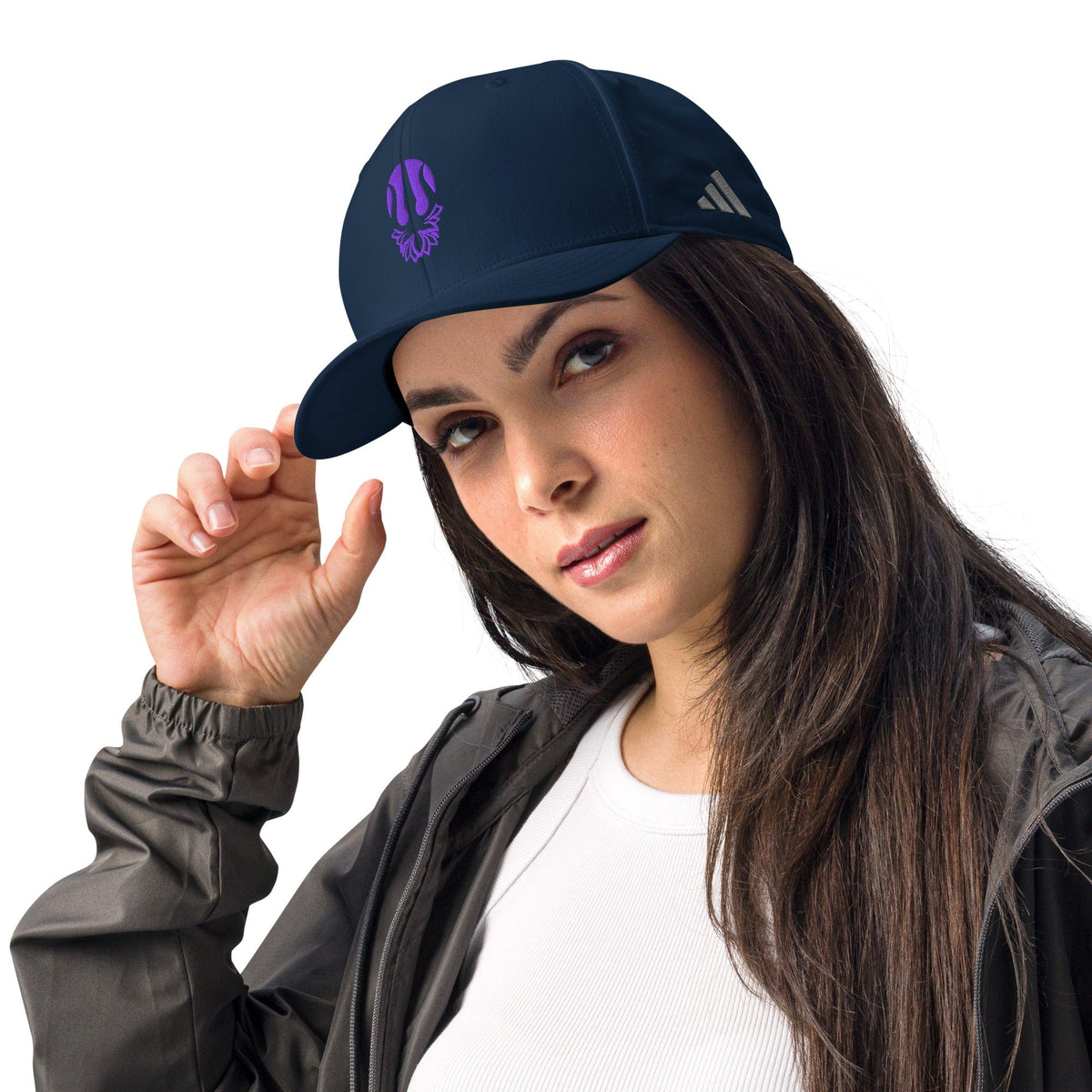 Dark navy performance cap with purple lotus trident embroidery and Adidas logo on side.