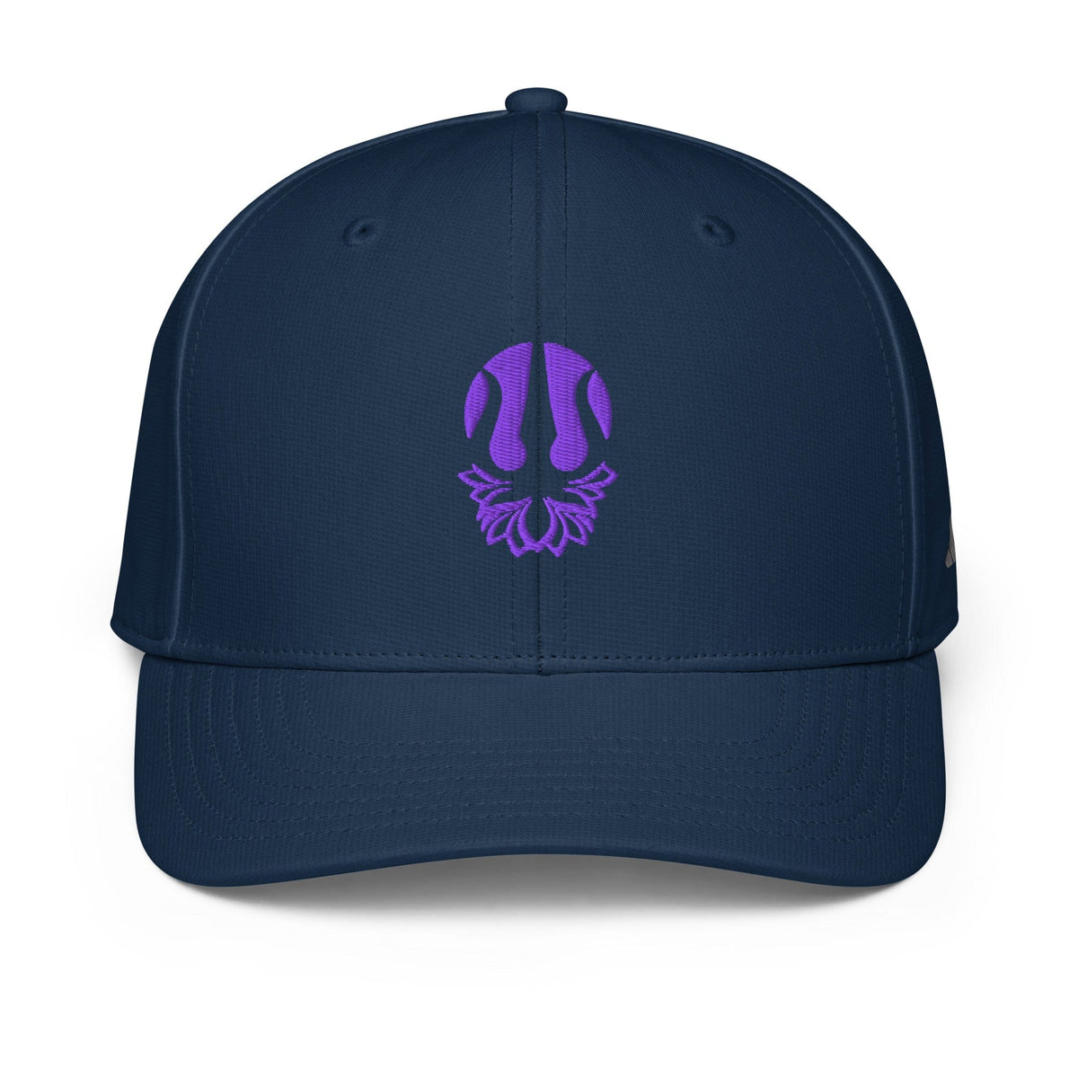 Embroidered performance cap in collegiate navy with purple trident lotus emblem on front