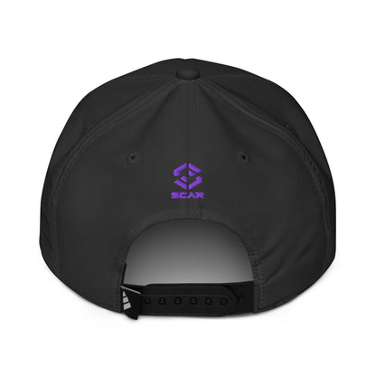 Black performance cap with purple lotus trident emblem, interior opening visible at back.