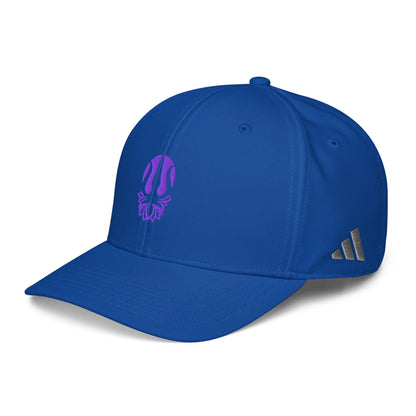 Bright blue performance cap with purple lotus trident embroidery and Adidas logo on side.