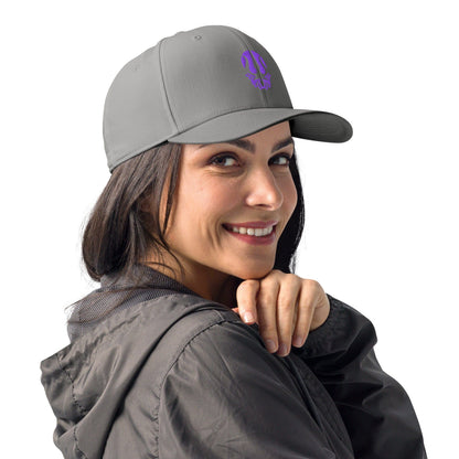 Light gray performance cap with purple lotus trident emblem, worn by person.