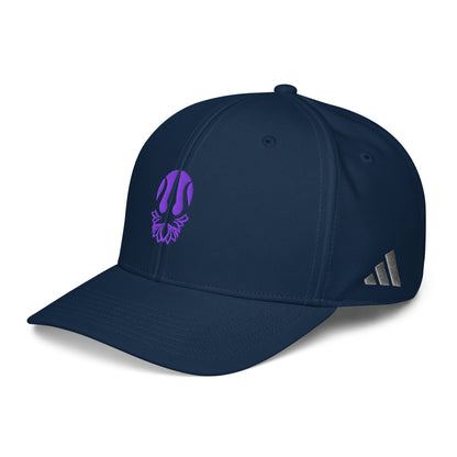 Collegiate navy embroidered performance cap with purple trident lotus emblem and Adidas logo