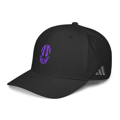 Black performance cap with purple lotus trident embroidery and Adidas logo on side.