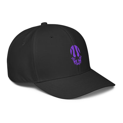 Black performance cap with purple lotus trident embroidery, front and side view.