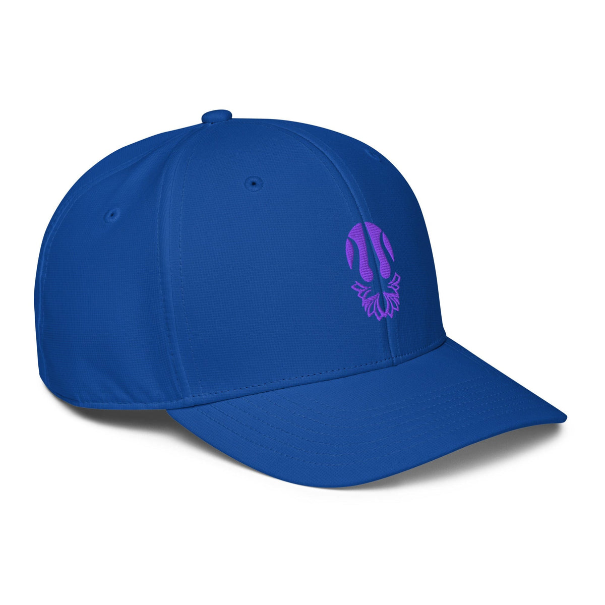 Bright blue performance cap with purple lotus trident embroidery, angled front view.