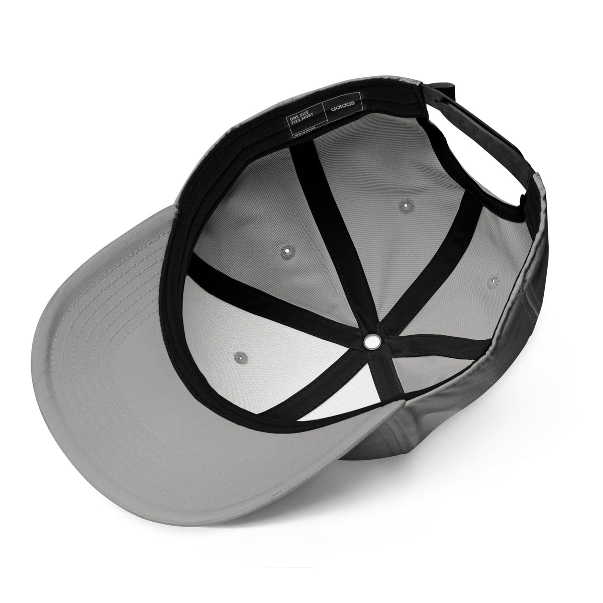 Grey performance baseball cap with black adjustable strap and panel accents