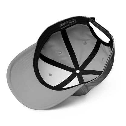Grey performance baseball cap with black adjustable strap and panel accents