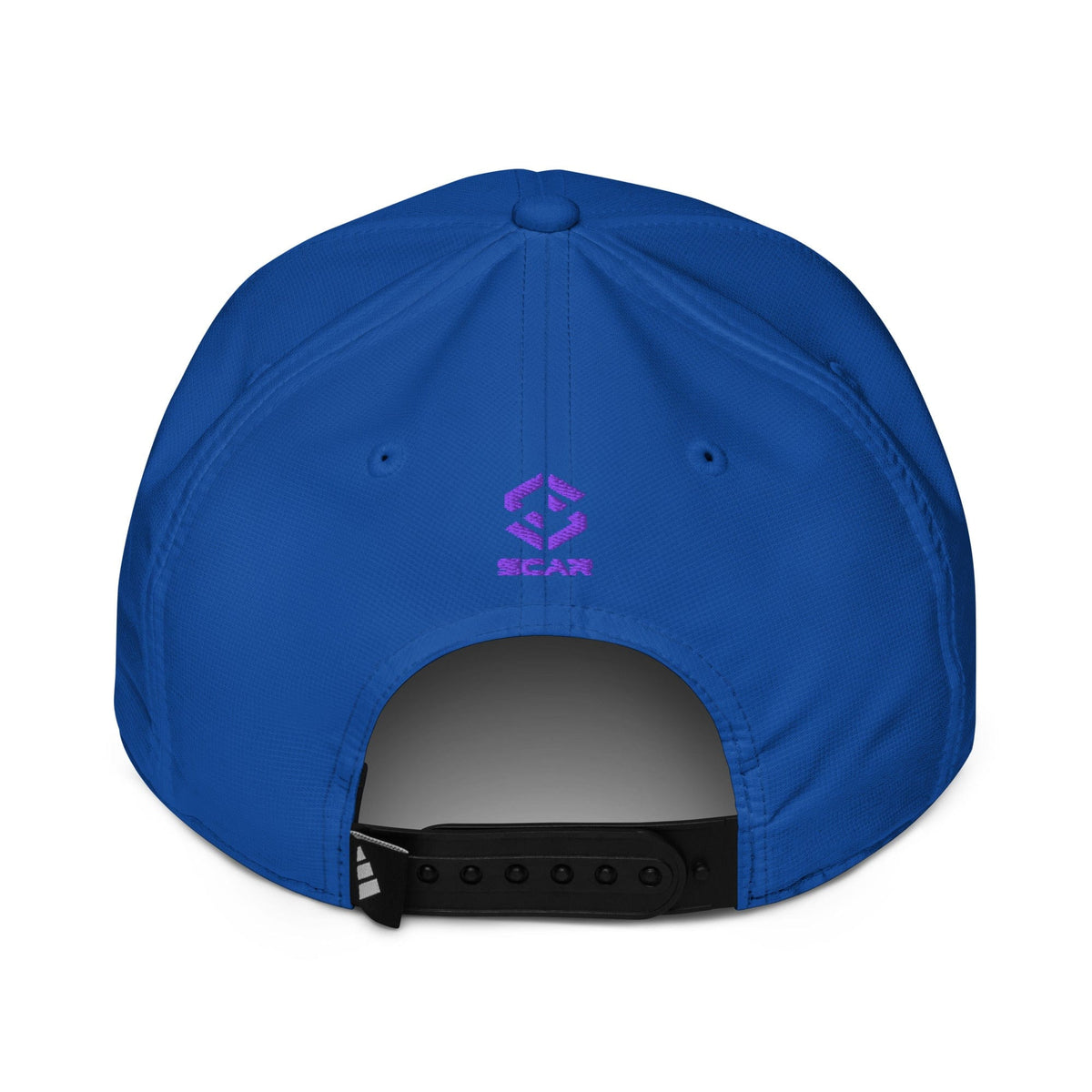Blue performance baseball cap with small embroidered purple trident logo