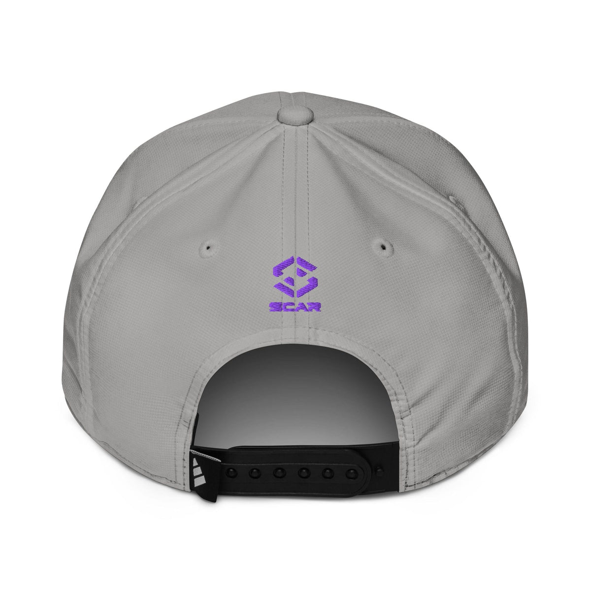 Light grey embroidered performance cap with purple logo and black adjustable strap