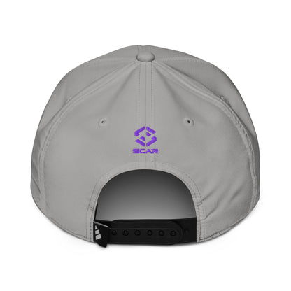 Light grey embroidered performance cap with purple logo and black adjustable strap
