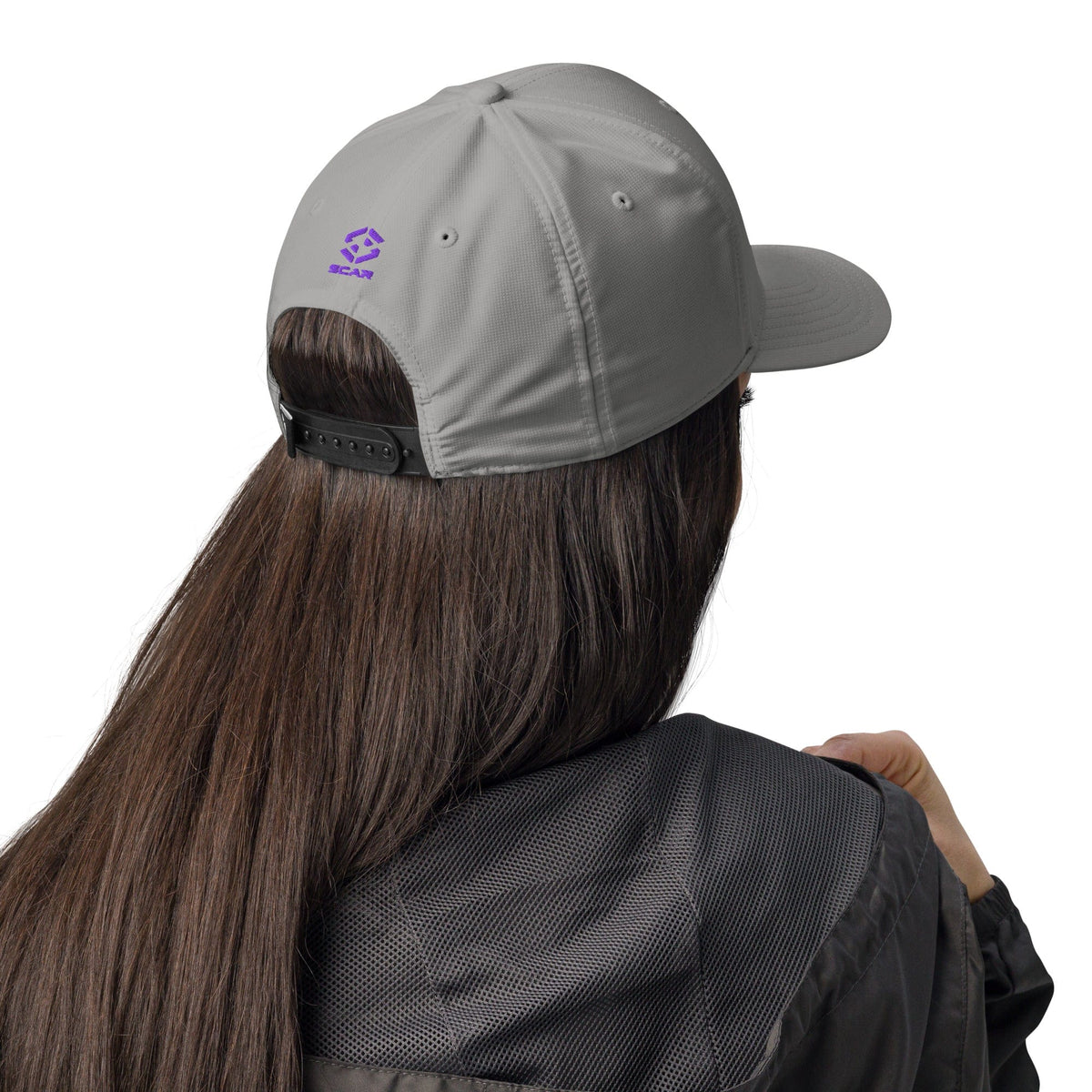 Gray performance baseball cap with embroidered purple trident logo, worn from back
