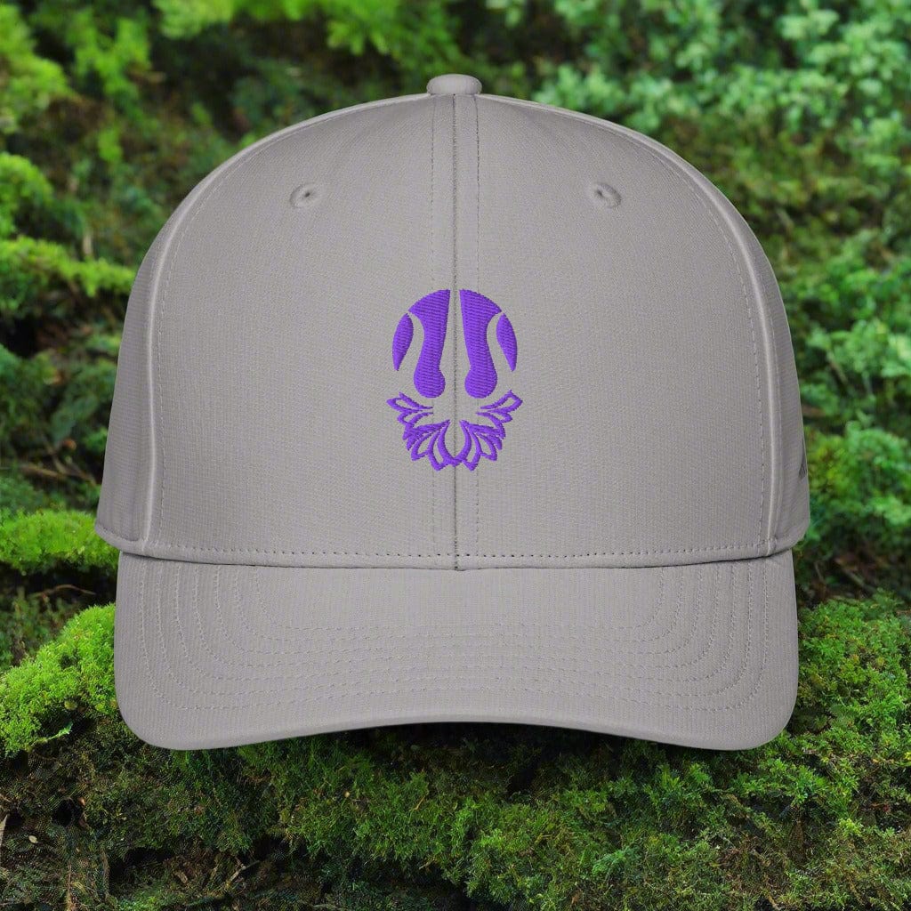 Embroidered performance cap in light grey with purple trident lotus emblem on front