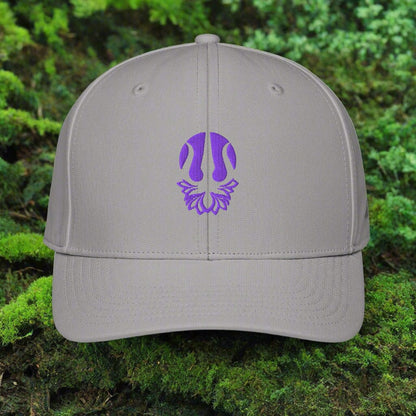 Embroidered performance cap in light grey with purple trident lotus emblem on front