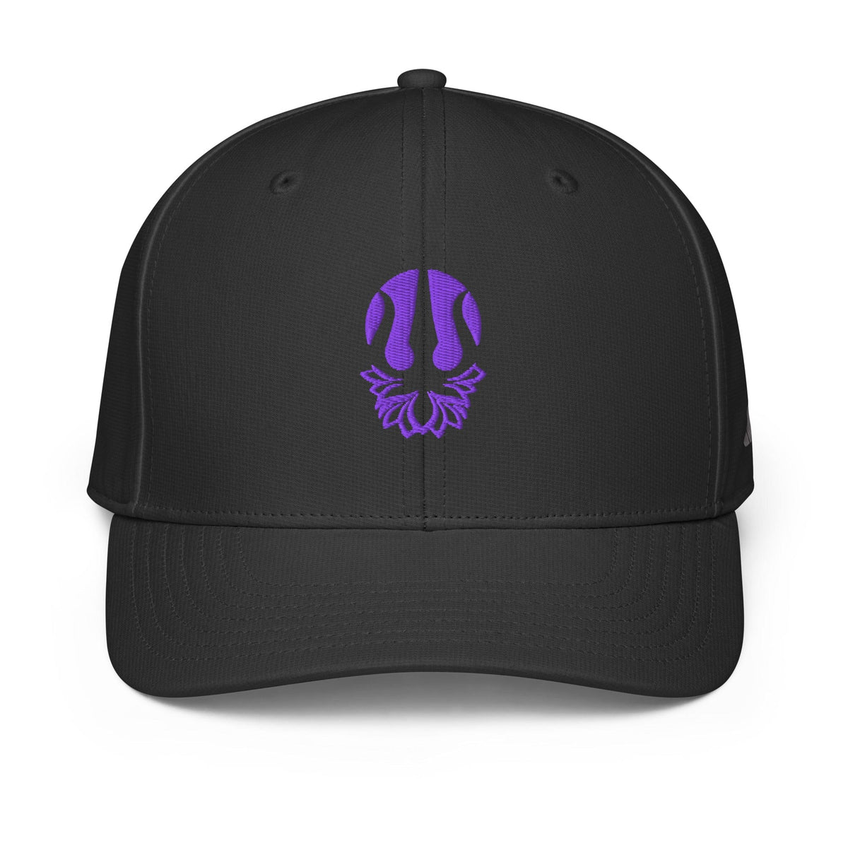 Embroidered performance cap in dark black with purple trident lotus emblem on front