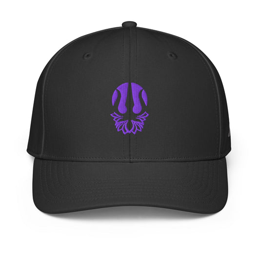 Embroidered performance cap in dark black with purple trident lotus emblem on front
