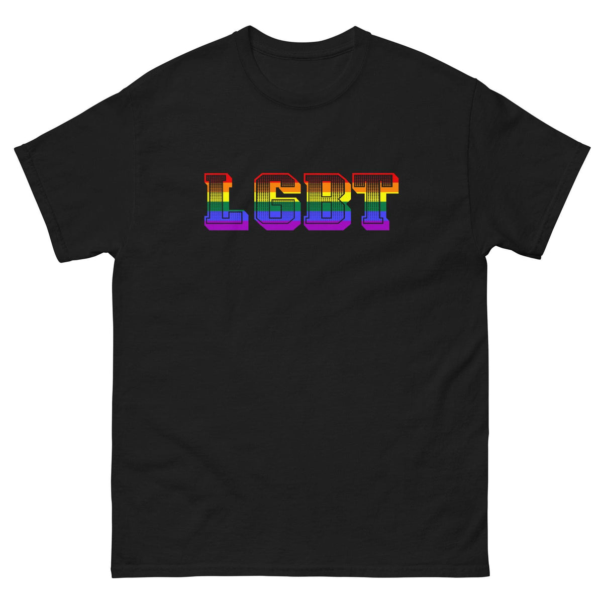 Black crew-neck T-shirt with colorful rainbow LGBT graphic on chest.