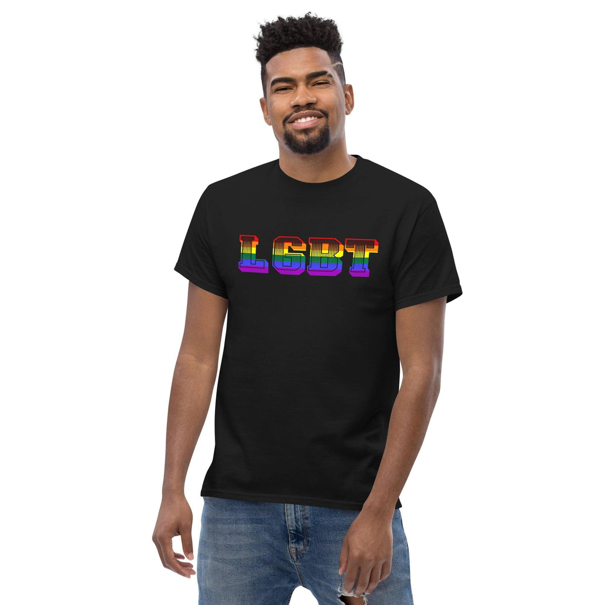 Black crew-neck T-shirt with rainbow LGBT logo graphic on front.
