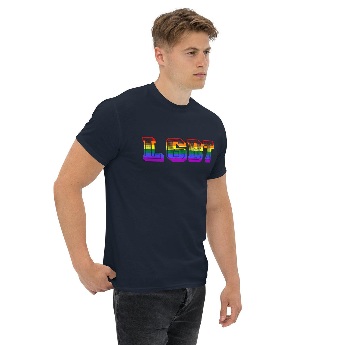 Navy crew-neck T-shirt with rainbow LGBT graphic on front center.