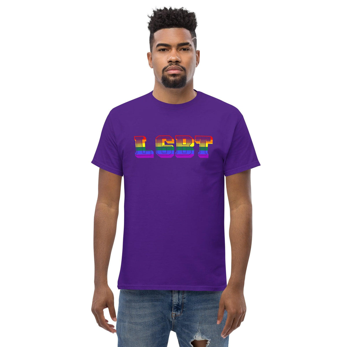 Purple crew-neck T-shirt with rainbow LGBT graphic on chest.