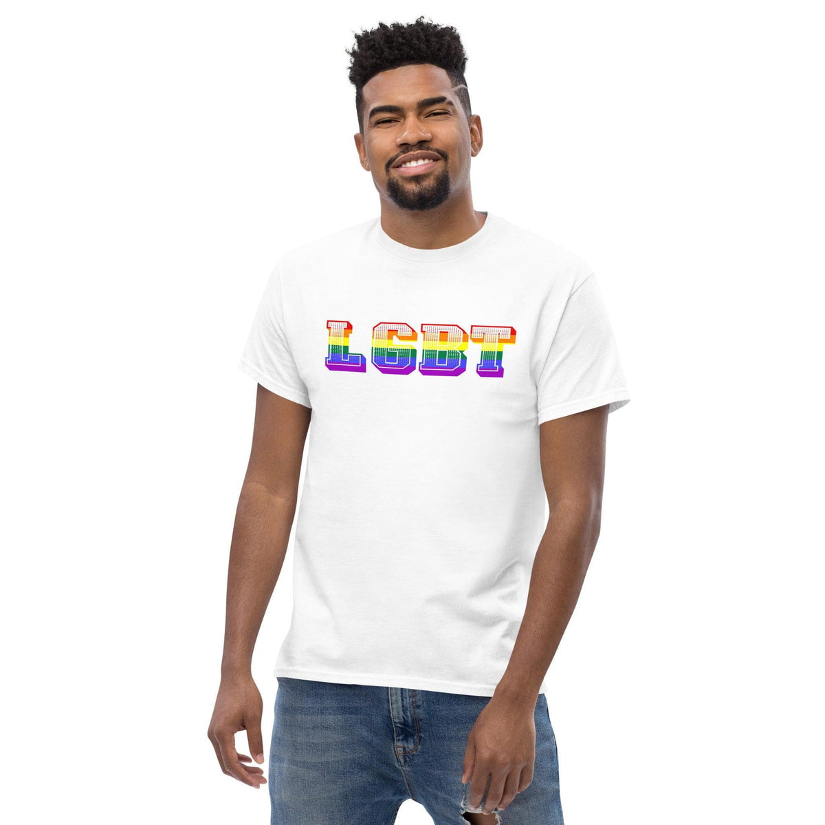 White crew-neck T-shirt with rainbow LGBT graphic printed on chest.