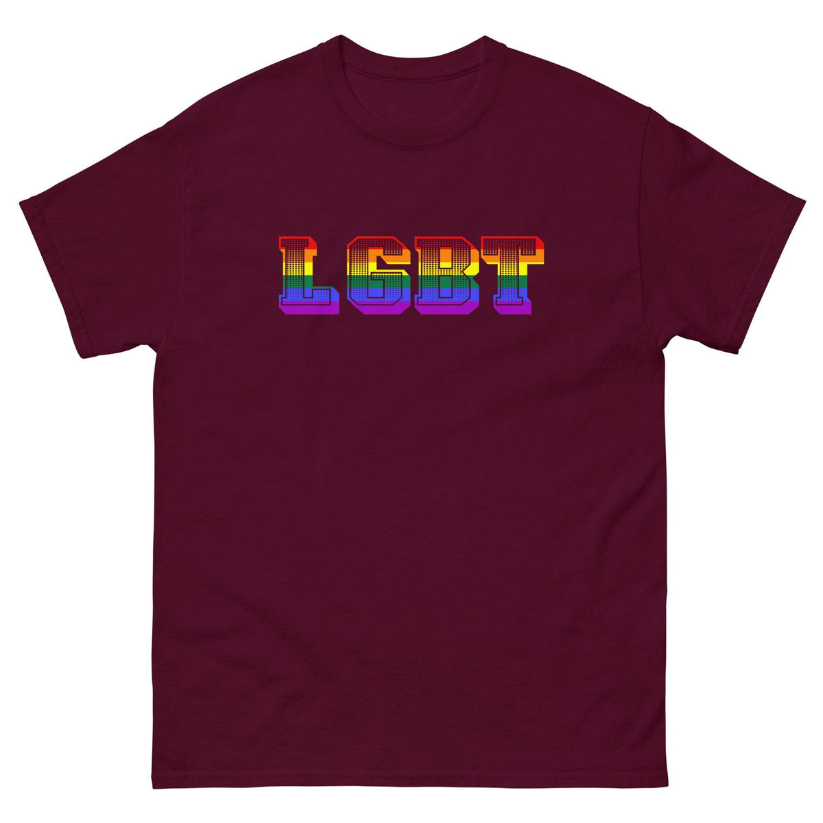 Burgundy crew-neck T-shirt with rainbow LGBT graphic on chest.