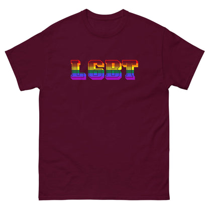 Burgundy crew-neck T-shirt with rainbow LGBT graphic on chest.