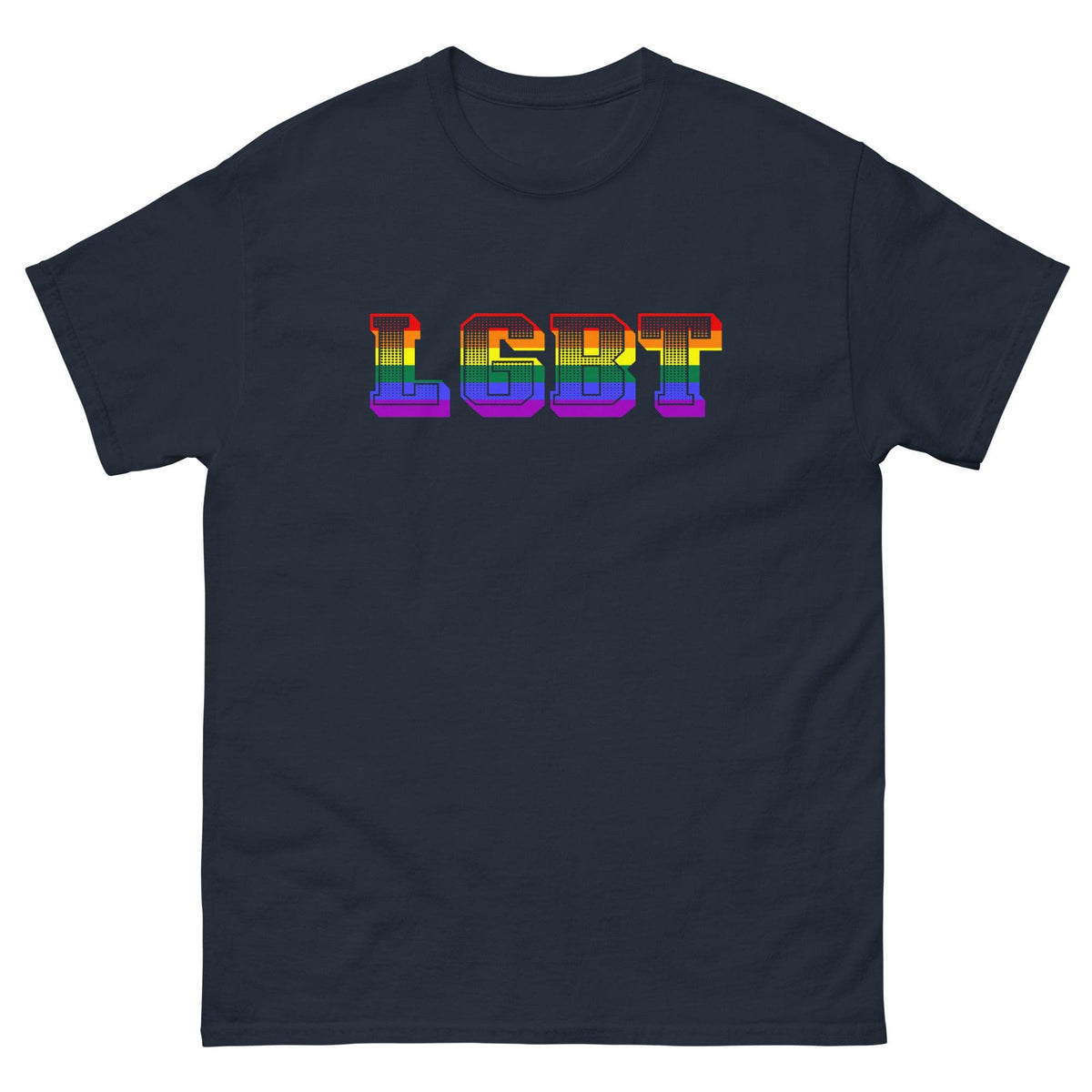 Navy blue crew-neck T-shirt with rainbow LGBT graphic on chest.