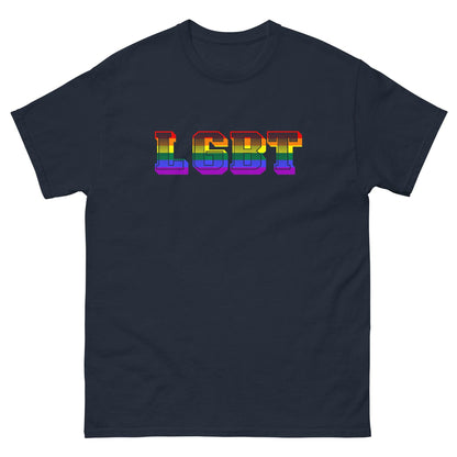 Navy blue crew-neck T-shirt with rainbow LGBT graphic on chest.